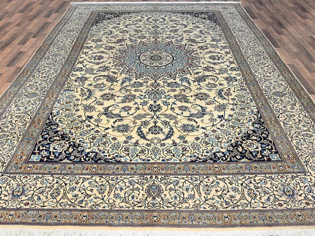 New Hand Knotted Ivory Wool & Silk Rectangle Oriental Rug 9'6" x 13'4"