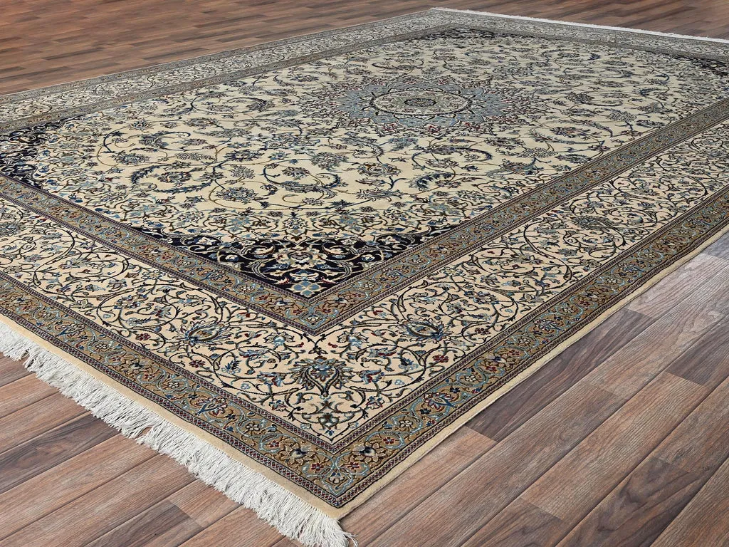 New Hand Knotted Ivory Wool & Silk Rectangle Oriental Rug 9'6" x 13'4"