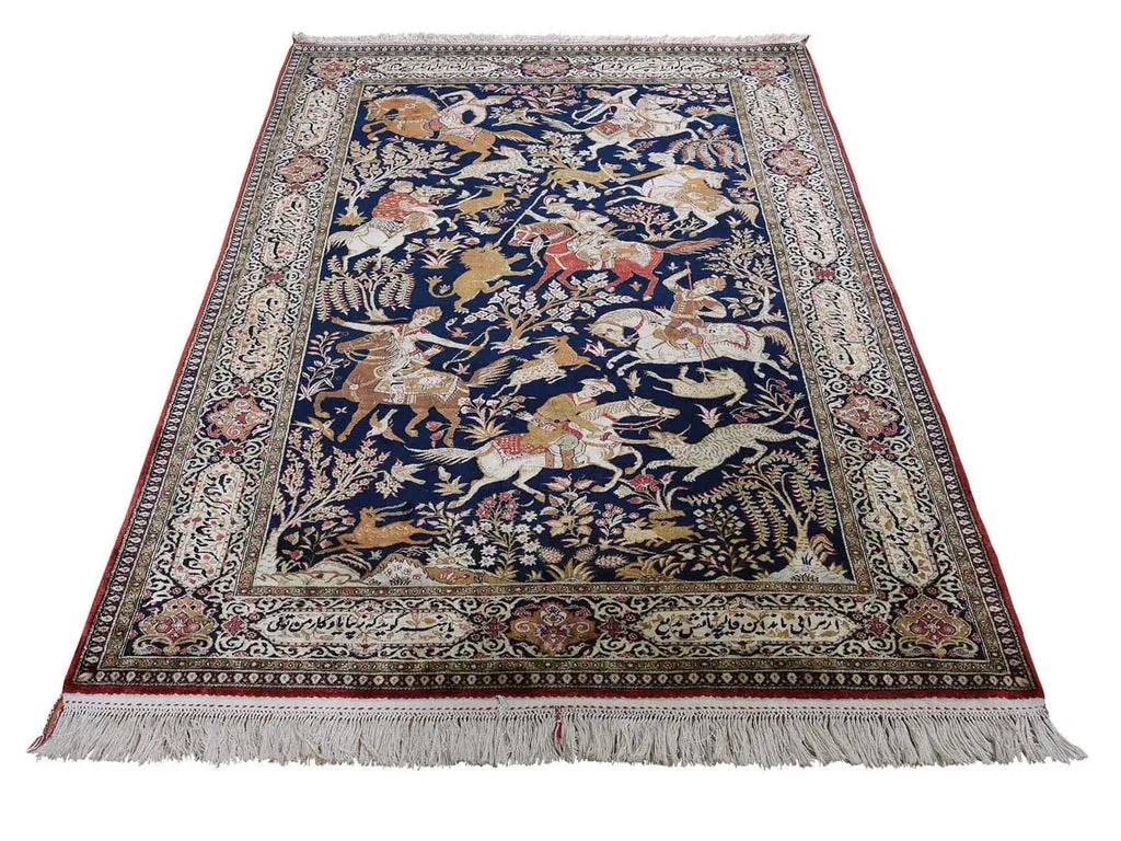 Vintage Hand Knotted Blue Silk Rectangle Oriental Rug 4'4" x 6'8"