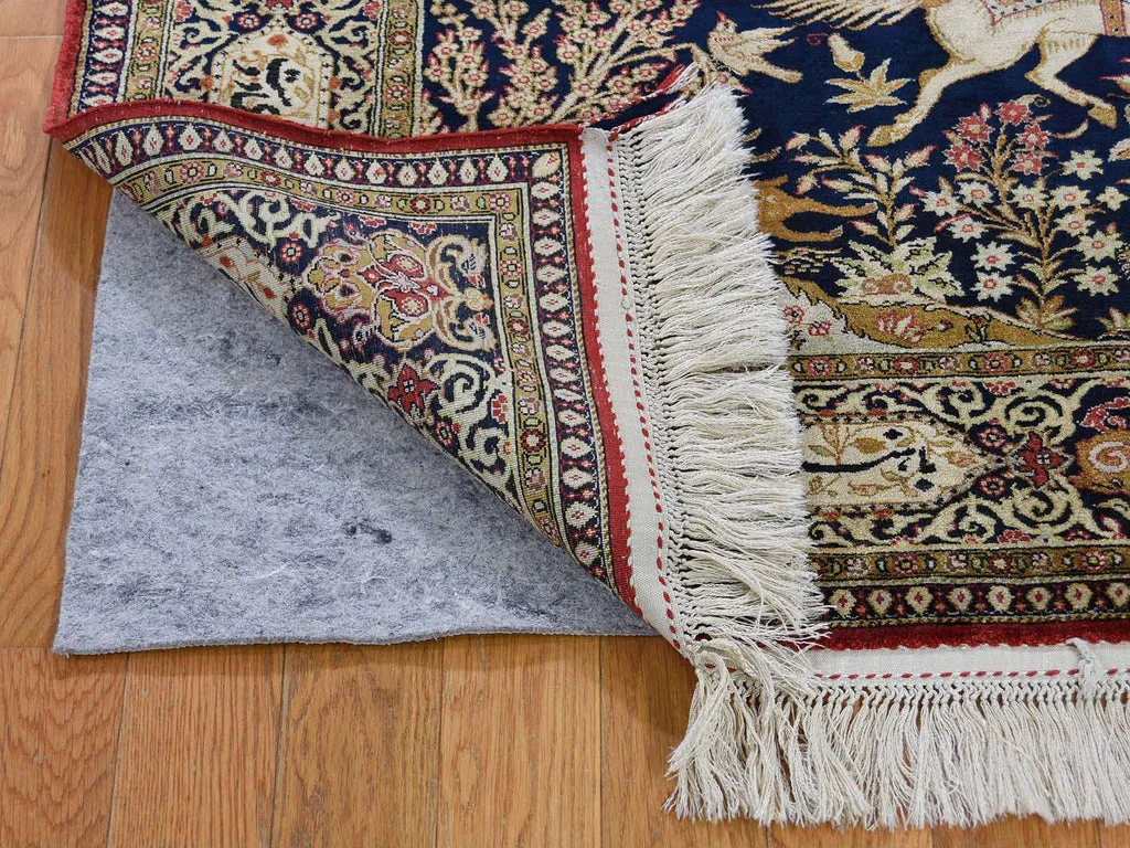 Vintage Hand Knotted Blue Silk Rectangle Oriental Rug 4'4" x 6'8"