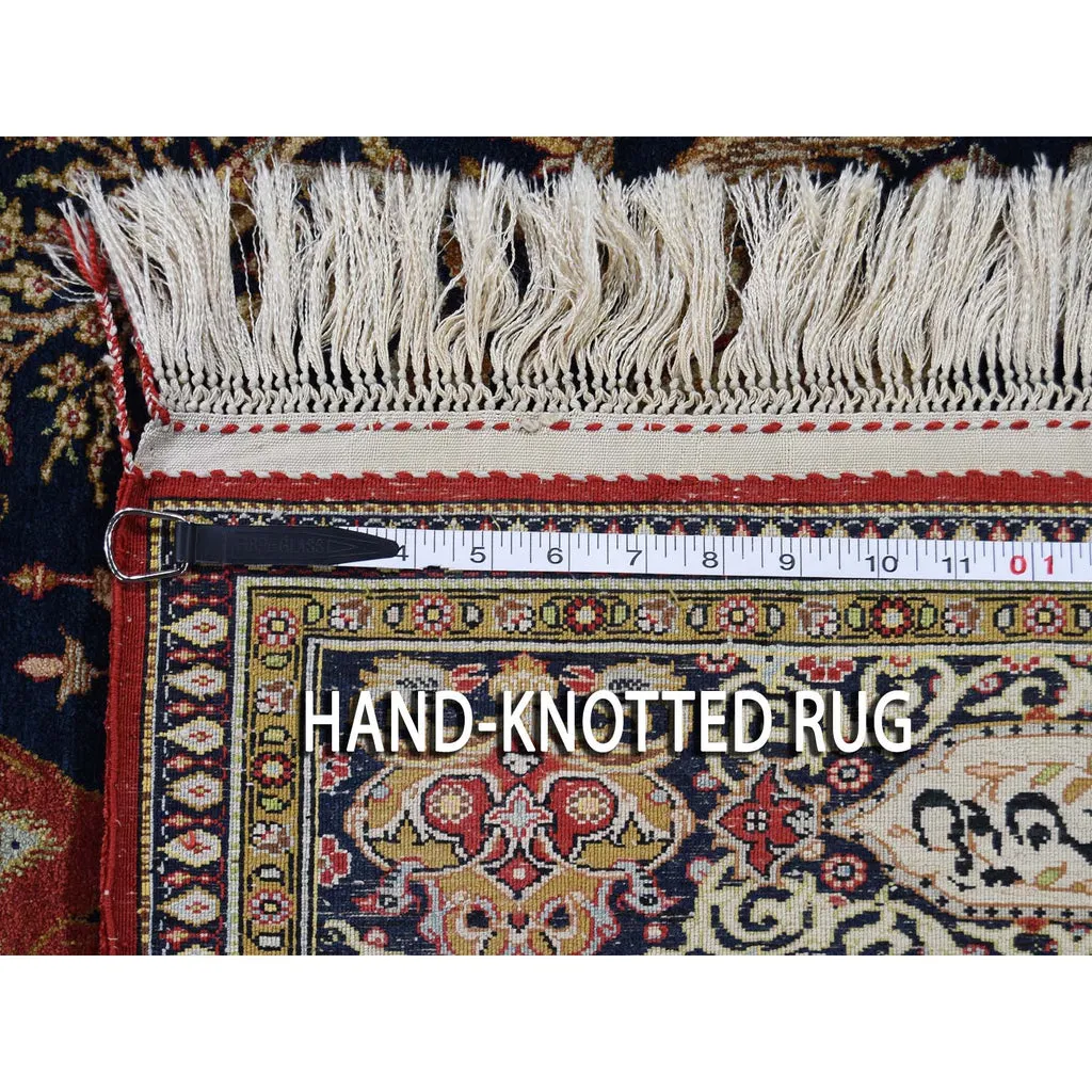 Vintage Hand Knotted Blue Silk Rectangle Oriental Rug 4'4" x 6'8"