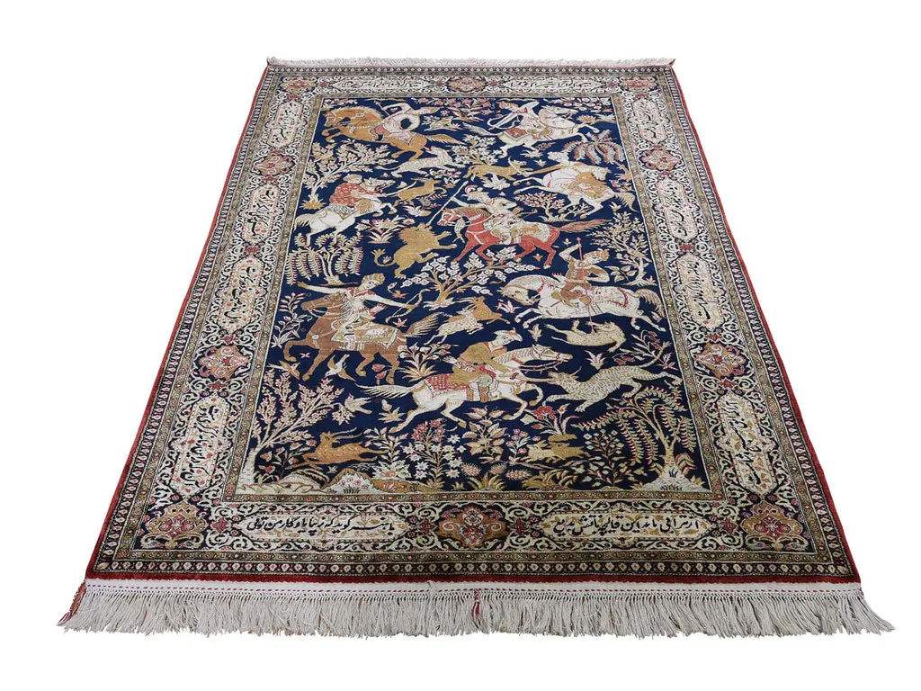 Vintage Hand Knotted Blue Silk Rectangle Oriental Rug 4'4" x 6'8"