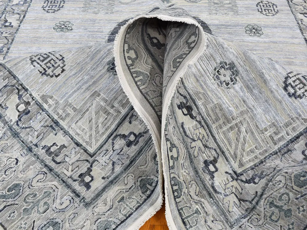 New Hand Knotted Grey Wool & Silk Rectangle Oriental Rug 8'10" x 12'1"
