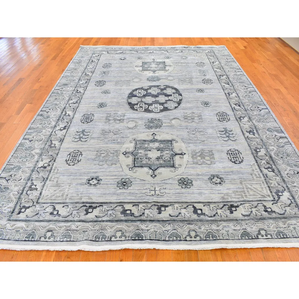 New Hand Knotted Grey Wool & Silk Rectangle Oriental Rug 8'10" x 12'1"