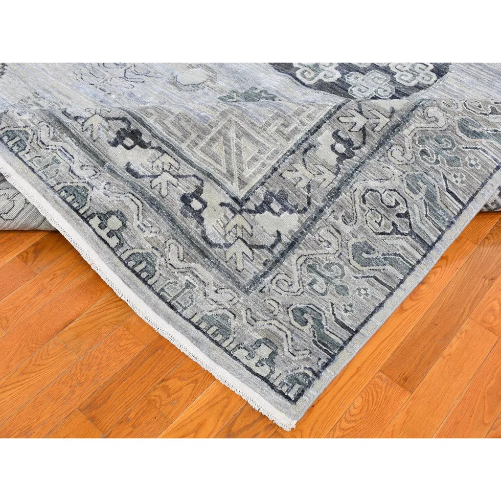 New Hand Knotted Grey Wool & Silk Rectangle Oriental Rug 8'10" x 12'1"