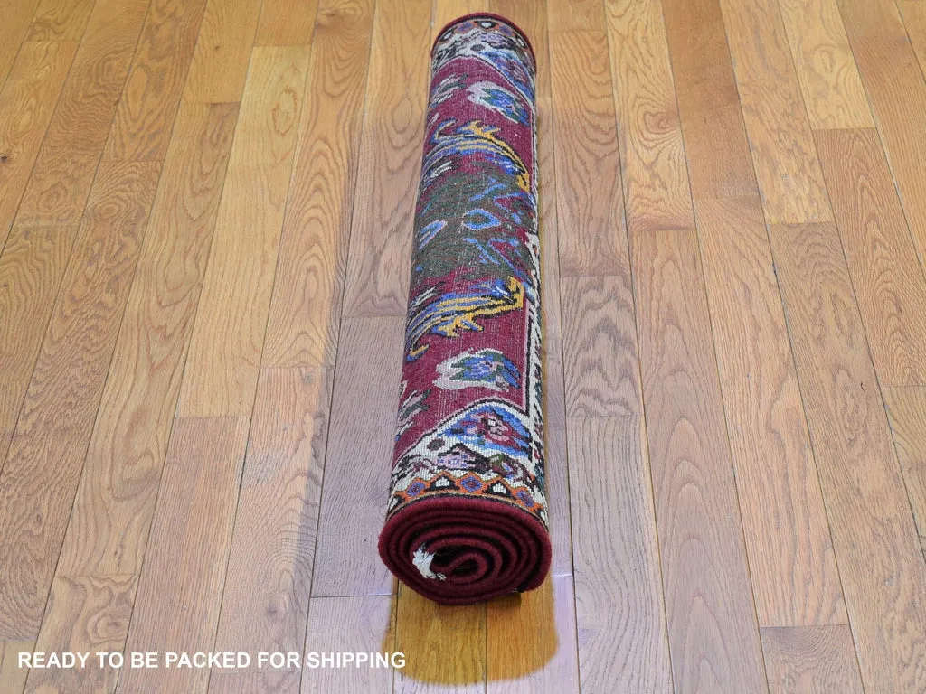 Vintage Hand Knotted Red Wool Rectangle Oriental Rug 3'7" x 5'0"