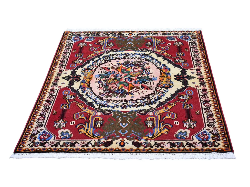 Vintage Hand Knotted Red Wool Rectangle Oriental Rug 3'7" x 5'0"