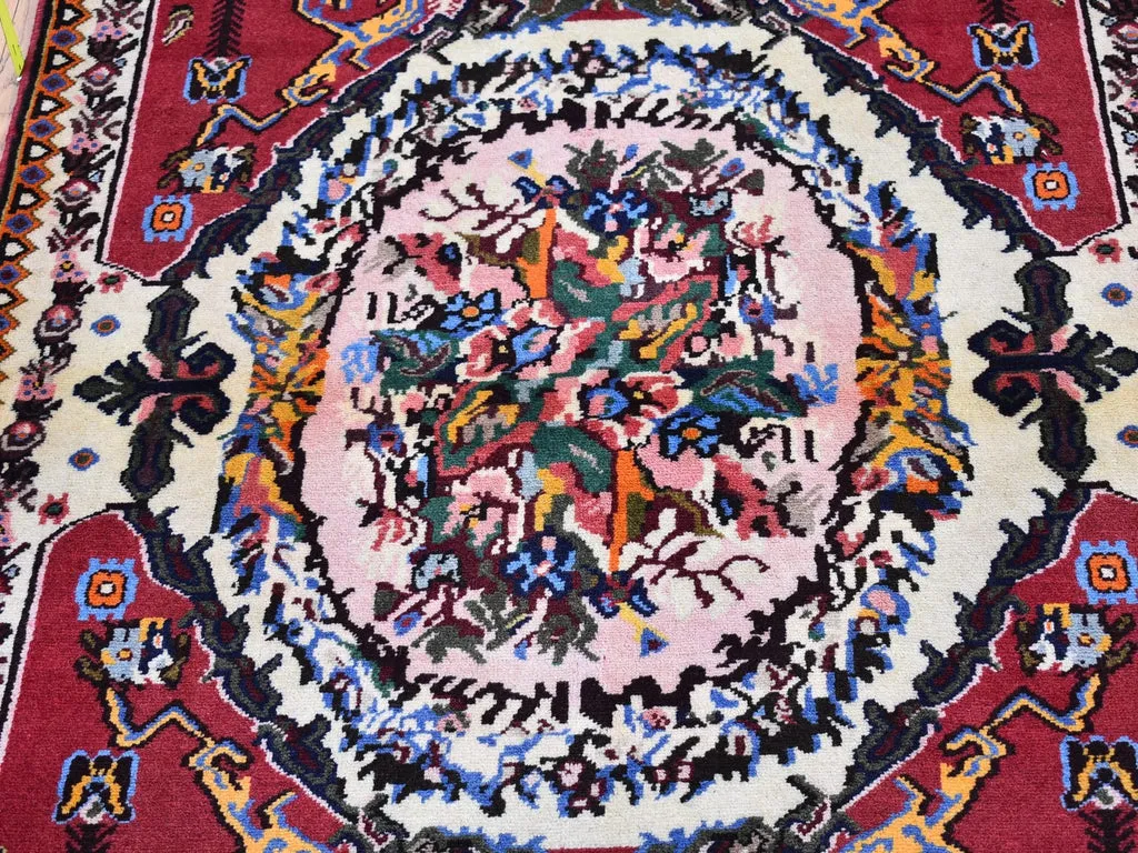 Vintage Hand Knotted Red Wool Rectangle Oriental Rug 3'7" x 5'0"