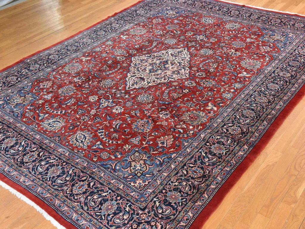 Vintage Hand Knotted Red Wool Rectangle Oriental Rug 9'9" x 13'1"