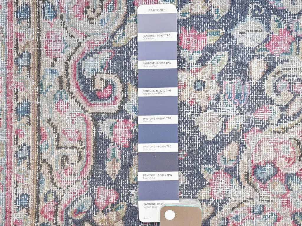 Vintage Hand Knotted Blue Worn Wool Rectangle Oriental Rug 3'7" x 5'9"