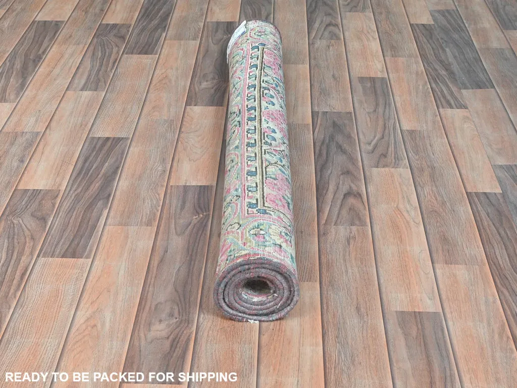 Vintage Hand Knotted Blue Worn Wool Rectangle Oriental Rug 3'7" x 5'9"