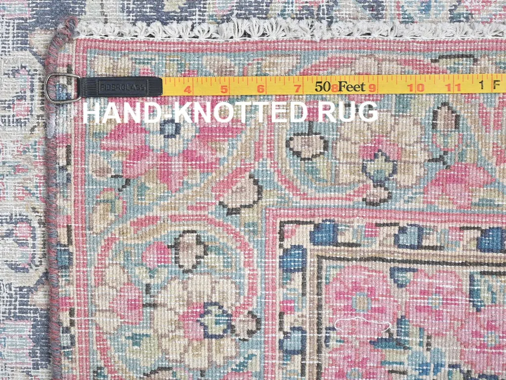 Vintage Hand Knotted Blue Worn Wool Rectangle Oriental Rug 3'7" x 5'9"
