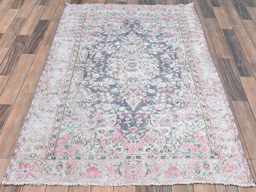 Vintage Hand Knotted Blue Worn Wool Rectangle Oriental Rug 3'7" x 5'9"