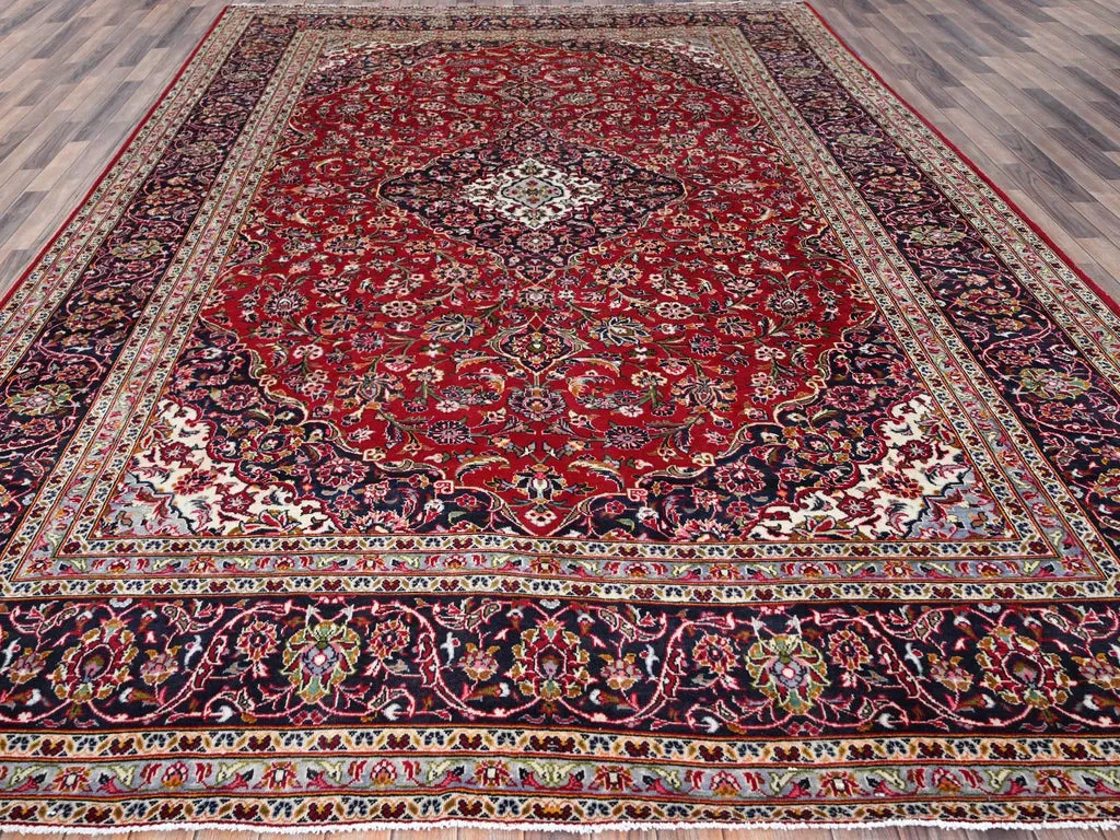 Vintage Hand Knotted Red Wool Rectangle Oriental Rug 9'9" x 13'0"