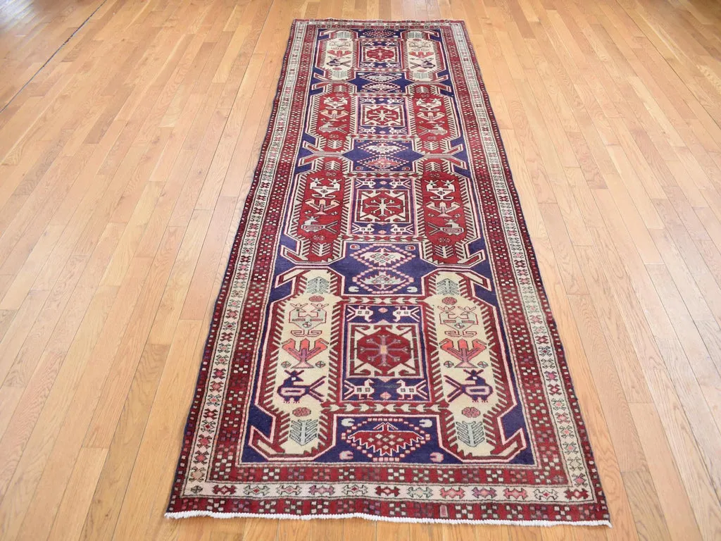 Vintage Hand Knotted Blue Wool Runner Oriental Rug 3'8" x 10'0"