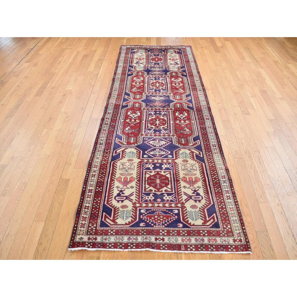 Vintage Hand Knotted Blue Wool Runner Oriental Rug 3'8" x 10'0"