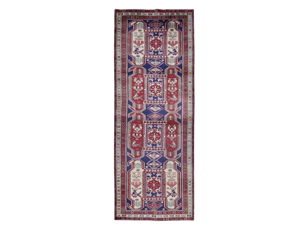 Vintage Hand Knotted Blue Wool Runner Oriental Rug 3'8" x 10'0"