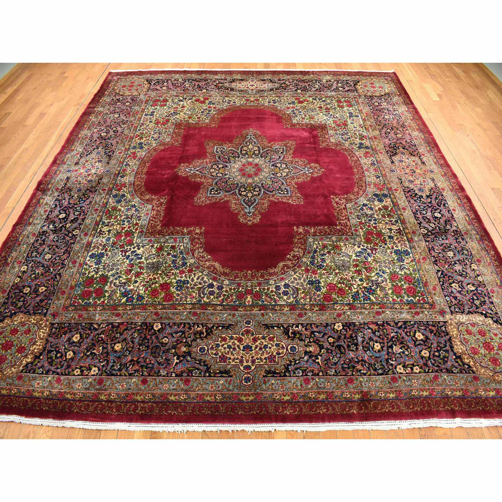 Vintage Hand Knotted Red Wool Square Oriental Rug 11'8" x 13'2"