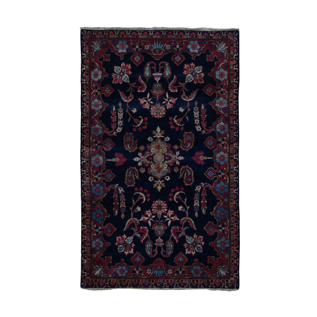 Vintage Hand Knotted Blue Wool Rectangle Oriental Rug 2'10" x 3'10"