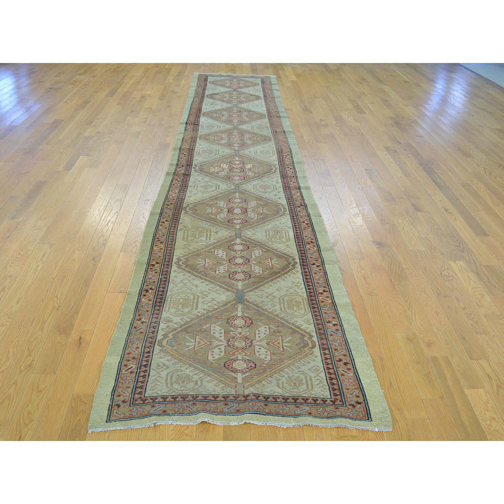 Vintage Hand Knotted Green Wool Runner Oriental Rug 3'1" x 14'3"