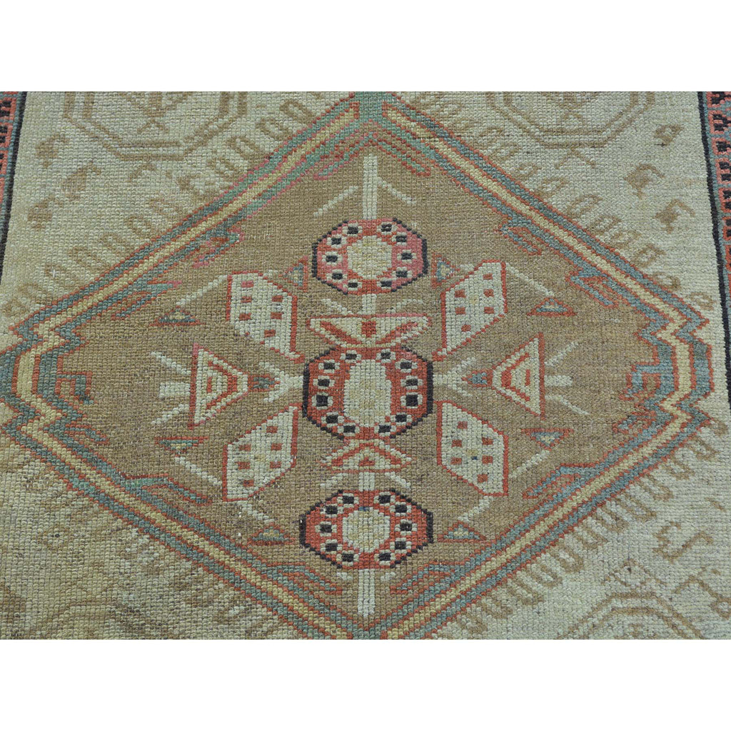 Vintage Hand Knotted Green Wool Runner Oriental Rug 3'1" x 14'3"