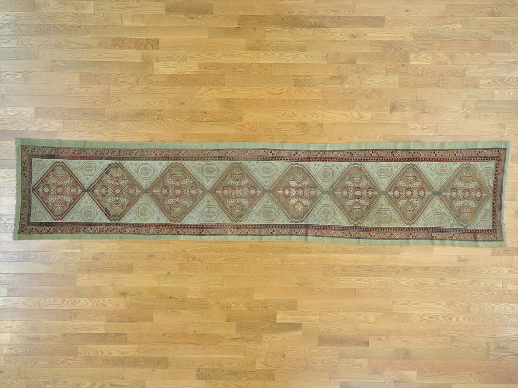 Vintage Hand Knotted Green Wool Runner Oriental Rug 3'1" x 14'3"