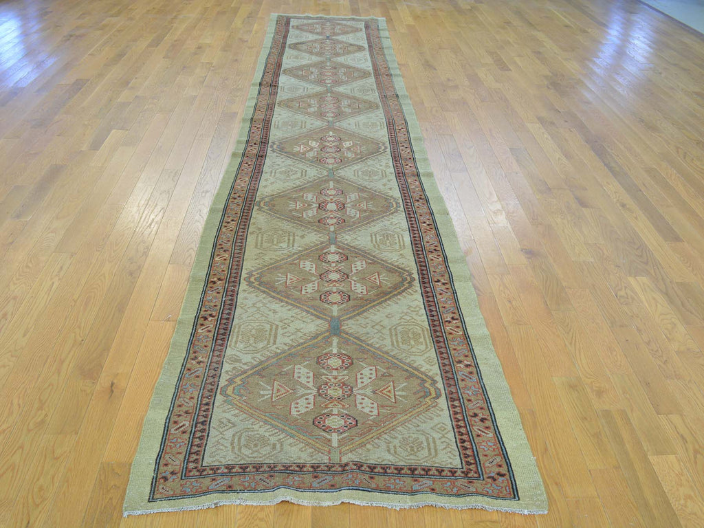 Vintage Hand Knotted Green Wool Runner Oriental Rug 3'1" x 14'3"