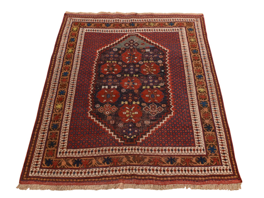 Vintage Hand Knotted Red Wool Rectangle Oriental Rug 4'1" x 5'0"