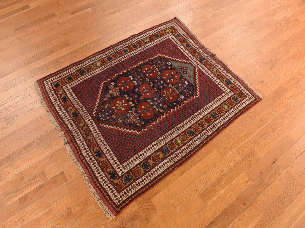 Vintage Hand Knotted Red Wool Rectangle Oriental Rug 4'1" x 5'0"