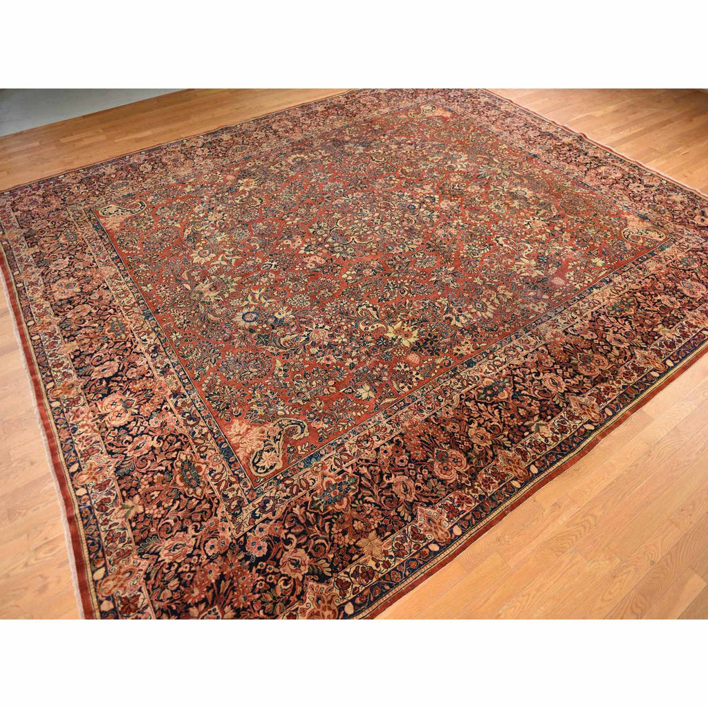 Vintage Hand Knotted Red Wool Square Oriental Rug 13'8" x 15'10"