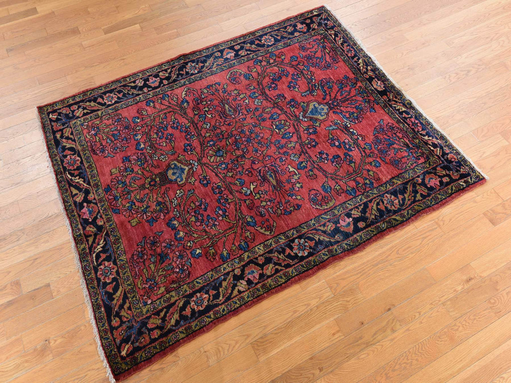 Vintage Hand Knotted Red Wool Rectangle Oriental Rug 5'3" x 6'7"