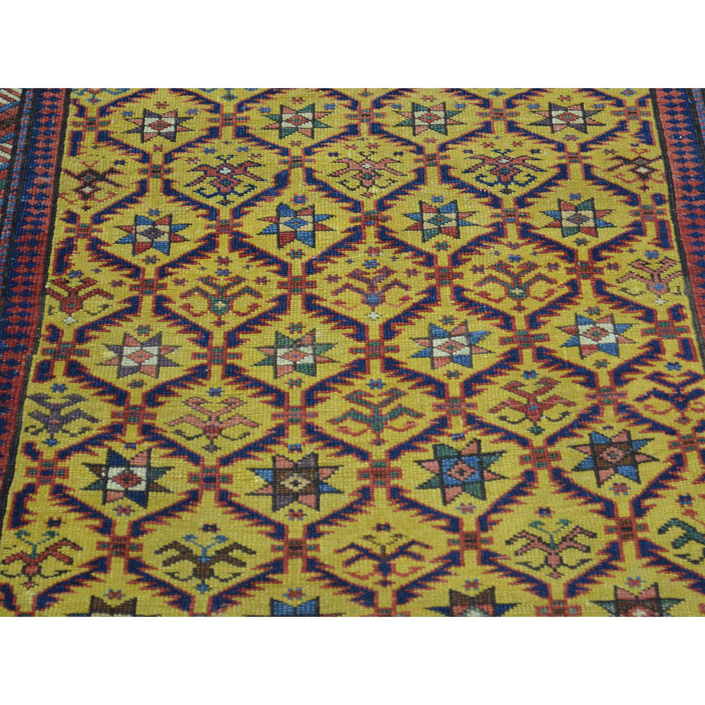 Vintage Hand Knotted Yellow Wool Runner Oriental Rug 4'0" x 9'10"