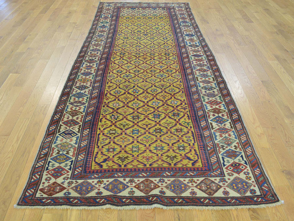 Vintage Hand Knotted Yellow Wool Runner Oriental Rug 4'0" x 9'10"