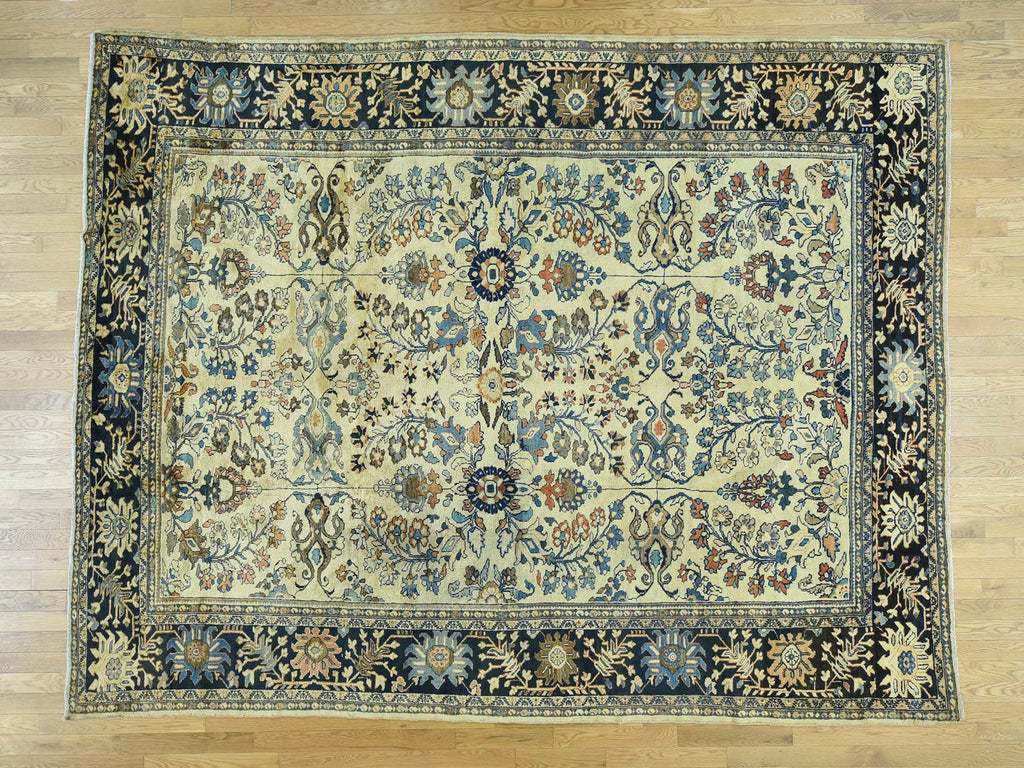 Vintage Hand Knotted Yellow Wool Rectangle Oriental Rug 9'4" x 11'10"