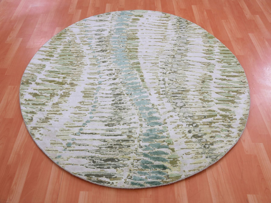 New Hand Knotted Green Silk Round Oriental Rug